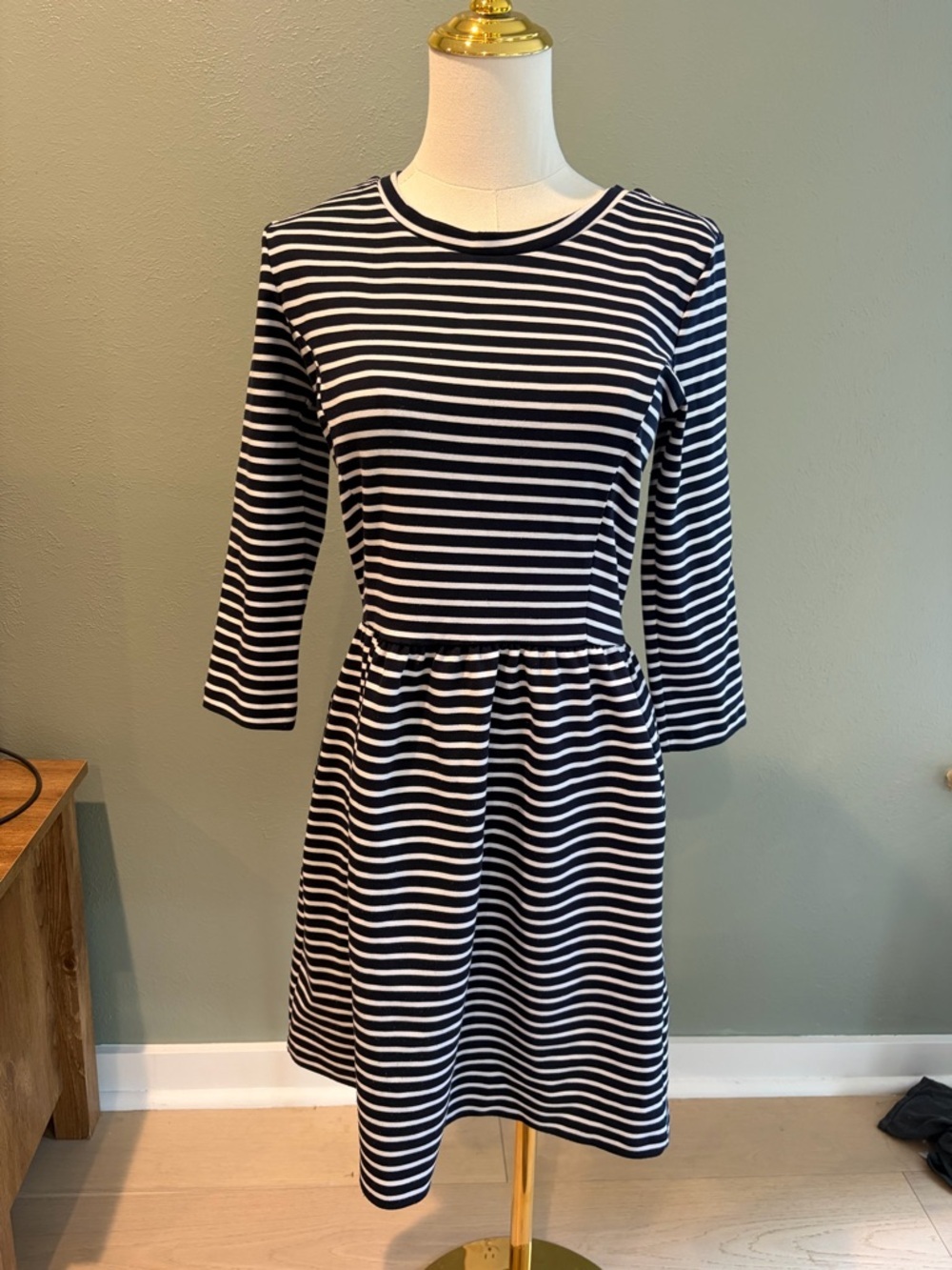 GAP Black and White Striped Long-Sleeve Fit-and-Flare Dress